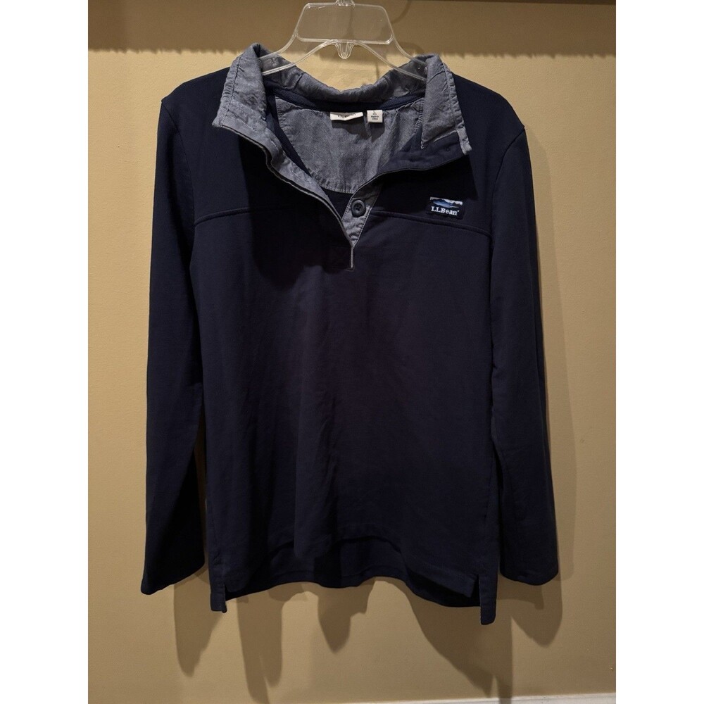 L.L.Bean Men's Cotton Knit 1/4 Zip Mock Neck Sweatshirt Navy Logo Size L